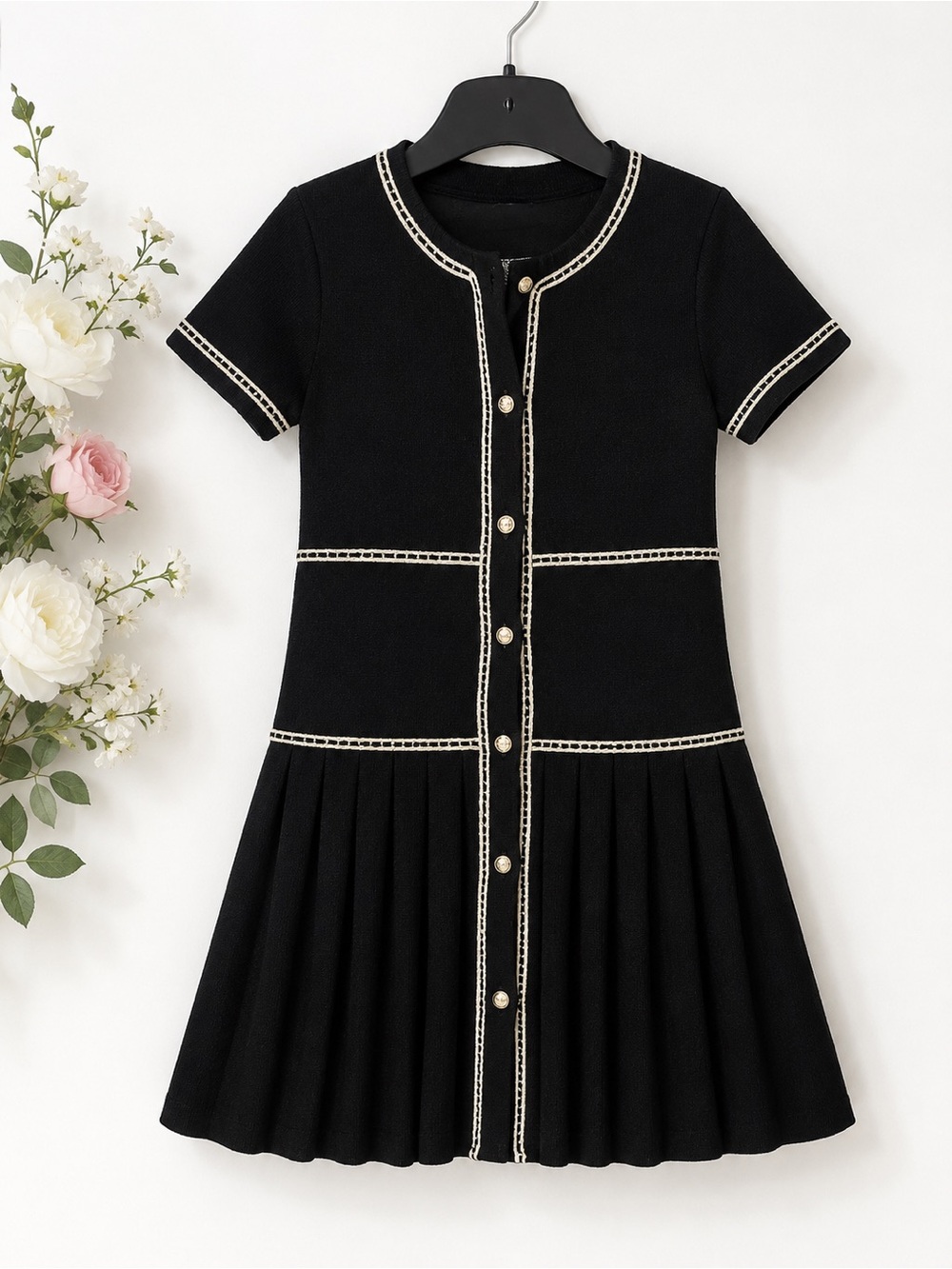 Girls Black Short-Sleeve Button-Front Knit Dress